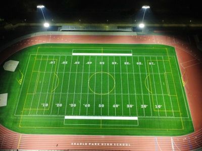Shadle Park High School football field at night with lights