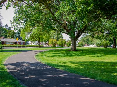 A meandering asphalt pathway runs through a lush green grass area surrounded by trees